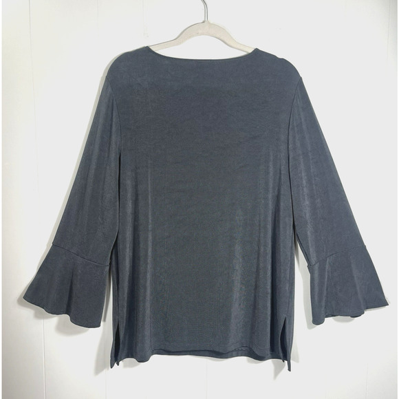 Chicos Travelers Flare Button Accent Sleeve Top Slinky Knit Gray Size 2 US Large - Picture 2 of 10